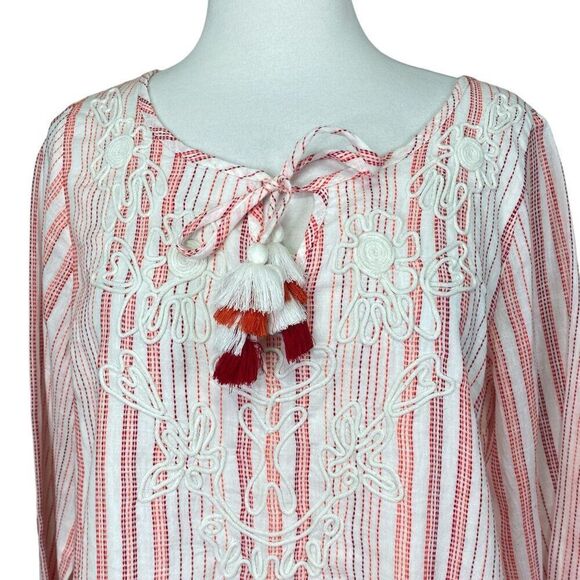 Soft Surroundings Tassel Top Size Medium Cotton Boho Stripe Beach Blouse - Picture 4 of 6